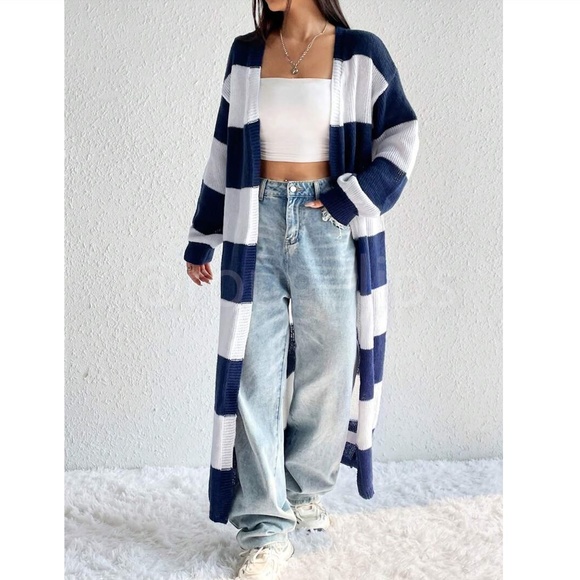 Striped White Navy Long Duster Knit Cardigan Open - Picture 5 of 8
